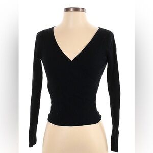 Leith Black Ribbed Wrap Blouse